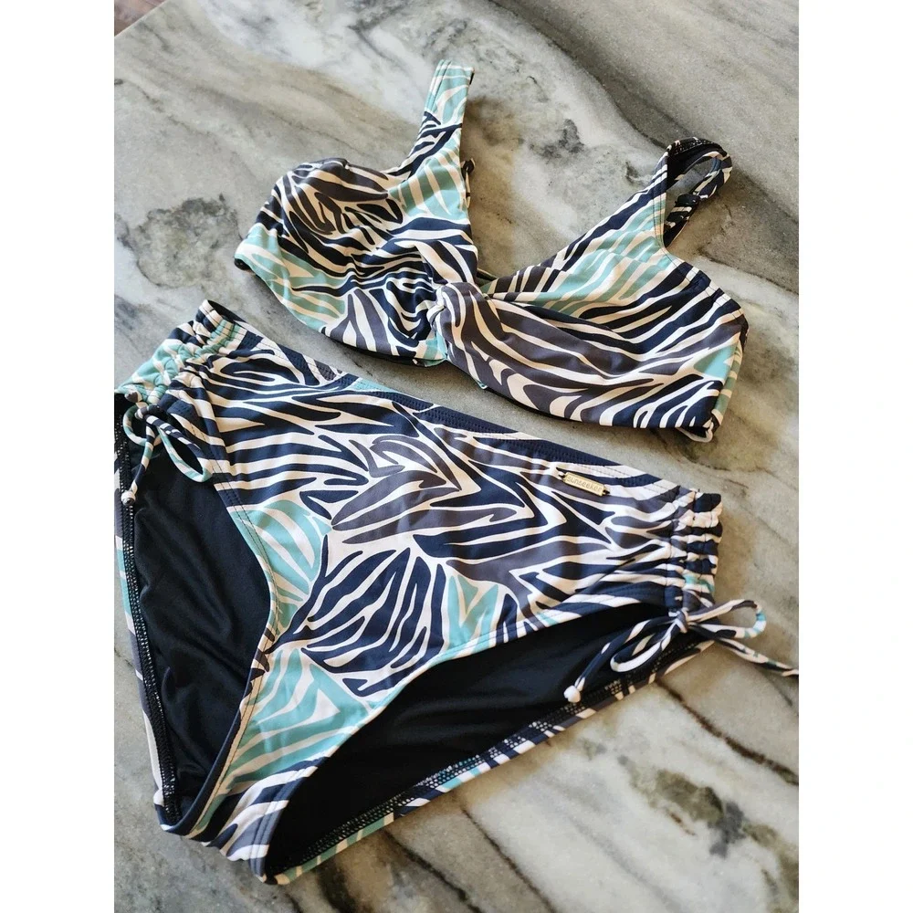Sunseeker Australia Bikini Set 34D Top US 6 High Waist Bottom Zebra Print Blue
